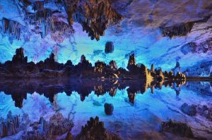 Reed Flute Cave in Guilin illuminated with colorful lights